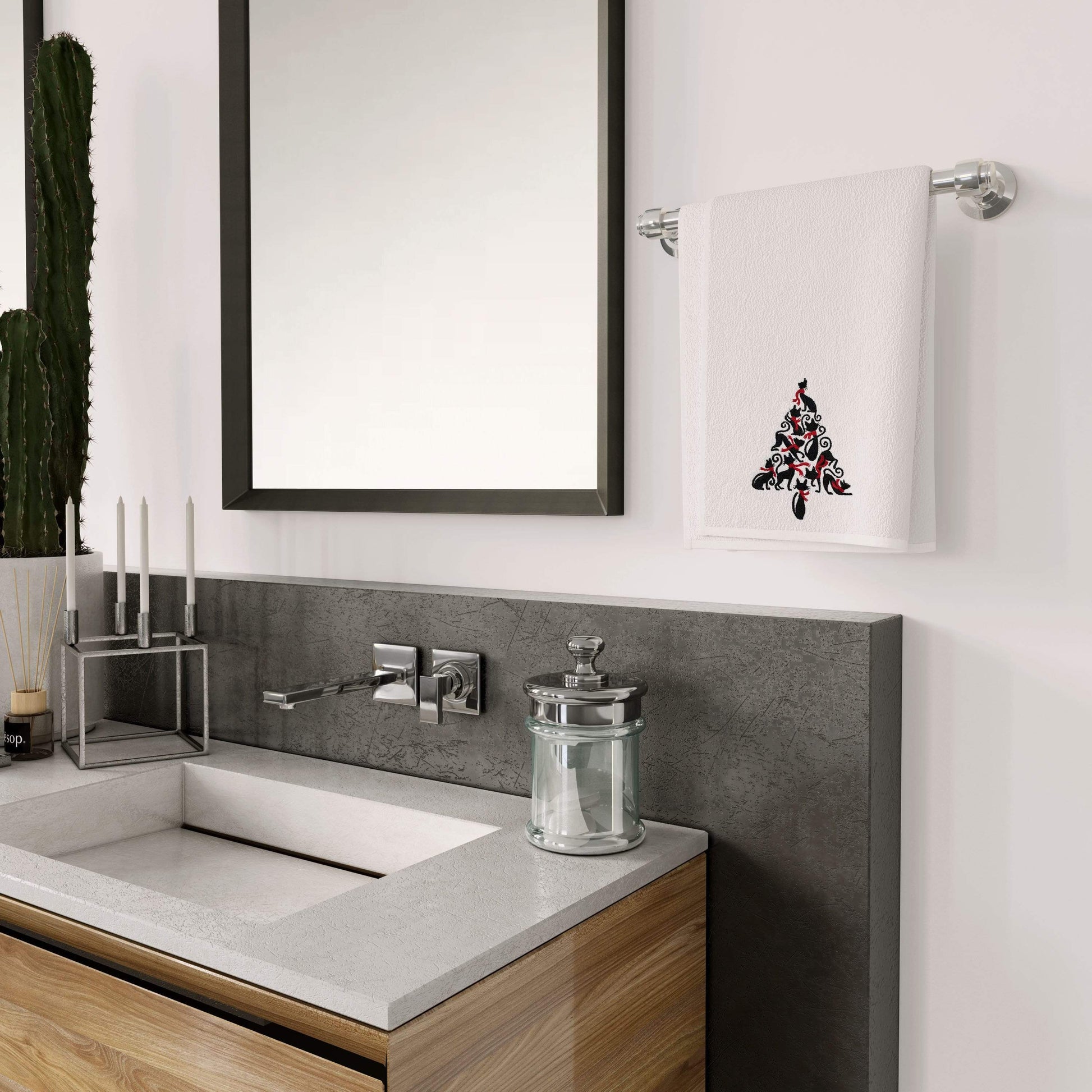 Holiday Cat Tree Hand Towel in bathroom