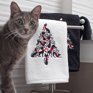 Embroidered  Holiday Cat Tree Hand Towels